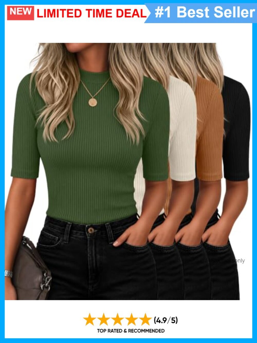 Women's Mock Neck Half Sleeve Ribbed Slim Fit T-Shirt 4 Pack